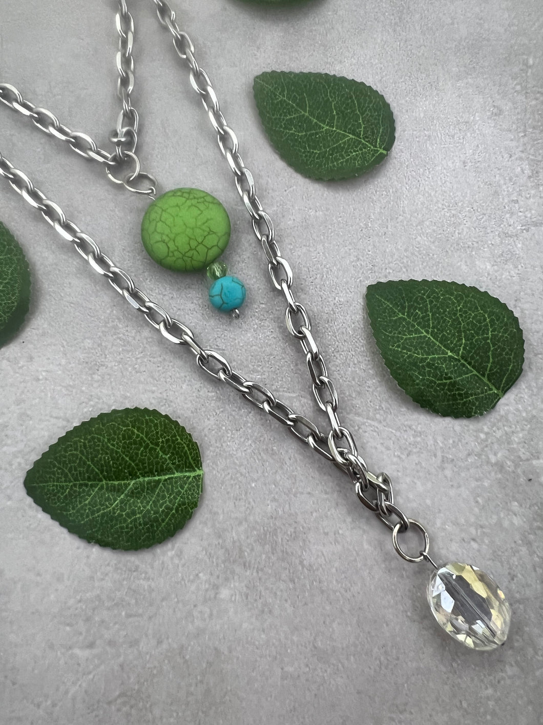 Stainless Steele Long Chain Necklace w/Crystal & Candy Green Disk Charm