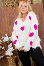 Load image into Gallery viewer, Neon Fuchsia Heart Print Distressed V Neck Long Sleeve Sweater
