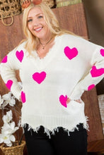 Load image into Gallery viewer, Neon Fuchsia Heart Print Distressed V Neck Long Sleeve Sweater
