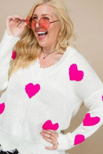 Load image into Gallery viewer, Neon Fuchsia Heart Print Distressed V Neck Long Sleeve Sweater

