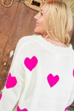 Load image into Gallery viewer, Neon Fuchsia Heart Print Distressed V Neck Long Sleeve Sweater
