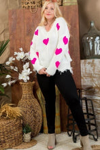 Load image into Gallery viewer, Neon Fuchsia Heart Print Distressed V Neck Long Sleeve Sweater
